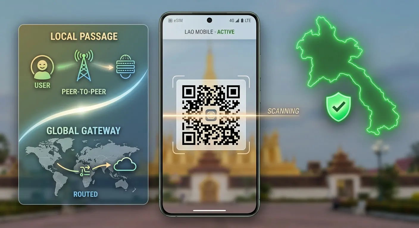Comparison guide for choosing a local Laos eSIM versus regional roaming eSIM, showing privacy and speed benefits for travelers