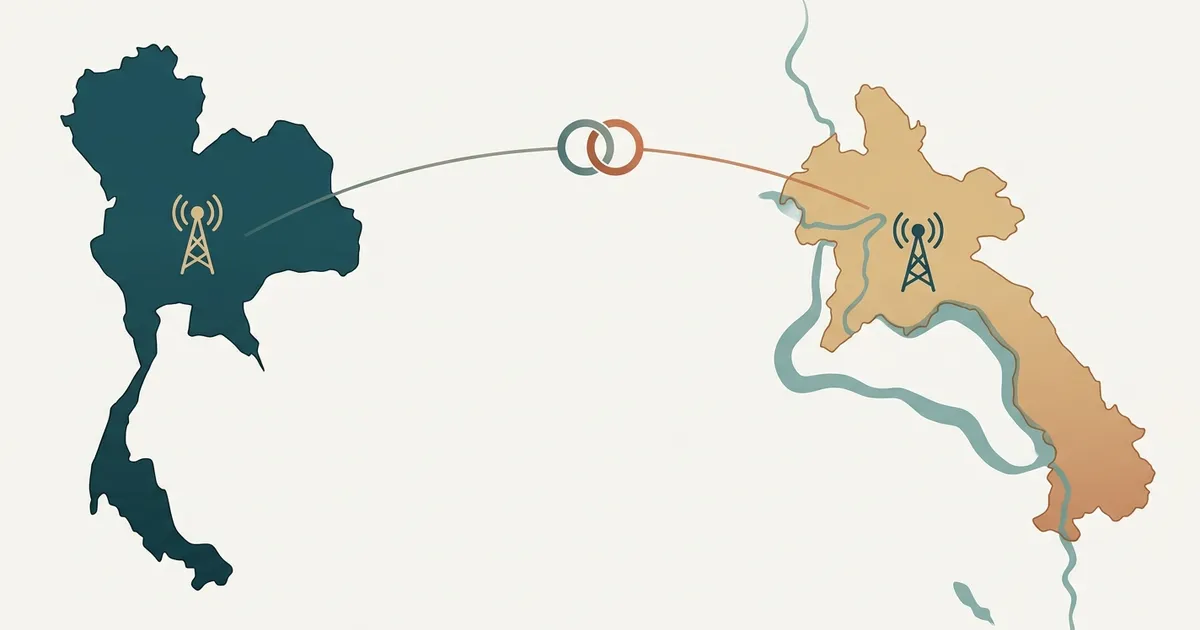 Illustration of Thailand and Laos outlines joined by two linked rings, with a cell tower on each country and the Mekong between them, representing AIS's indirect stake in Lao Telecom