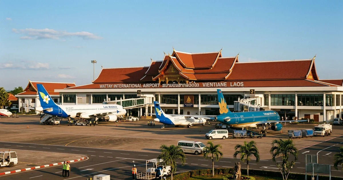 Wattay International Airport terminal in Vientiane, Laos, with Lao Airlines and Vietnam Airlines aircraft on the tarmac