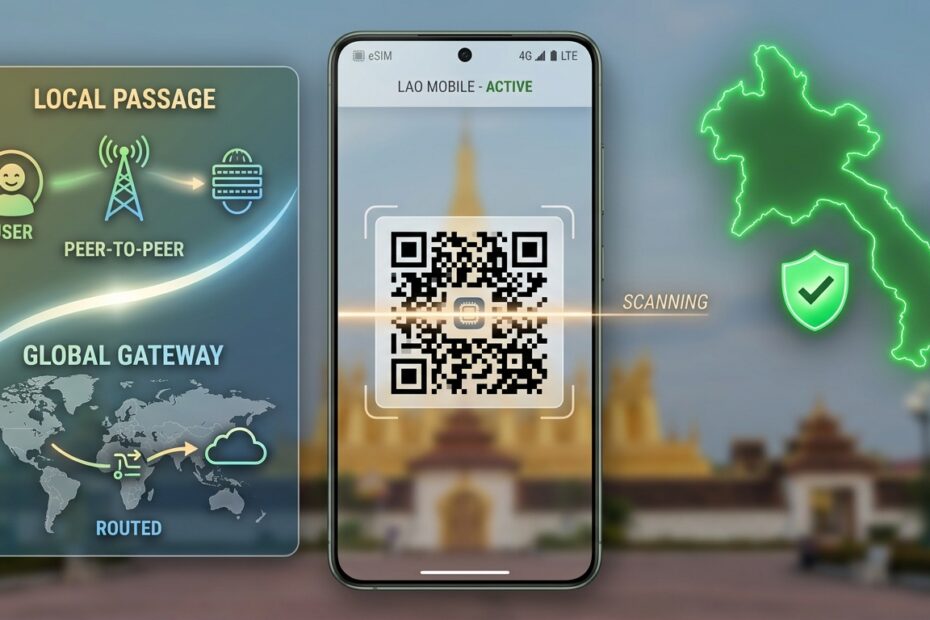 Comparison guide for choosing a local Laos eSIM versus regional roaming eSIM, showing privacy and speed benefits for travelers