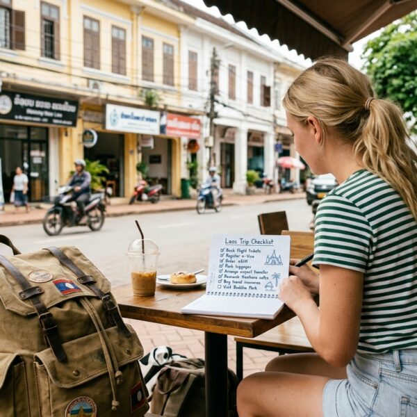 Technology News and Reviews 2 Laos travel digital checklist showing a smartphone with eSIM QR code, passport, visa, and travel apps arranged on a flat lay
