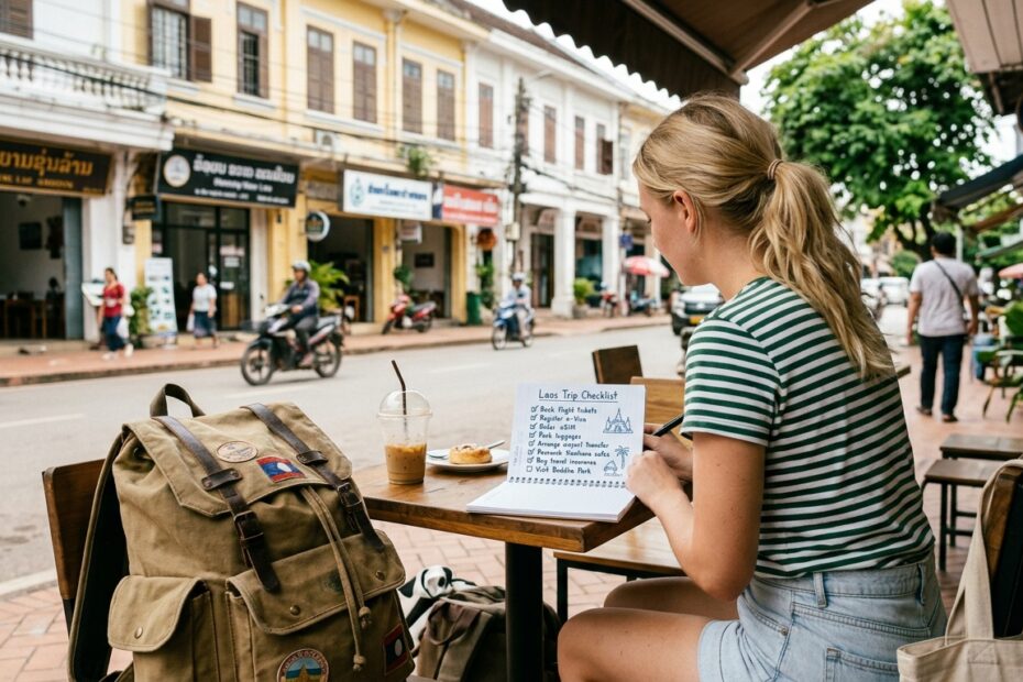 Laos Travel Digital Checklist (2026): eSIM, Visas, Apps, Money & More 1 Laos travel digital checklist showing a smartphone with eSIM QR code, passport, visa, and travel apps arranged on a flat lay
